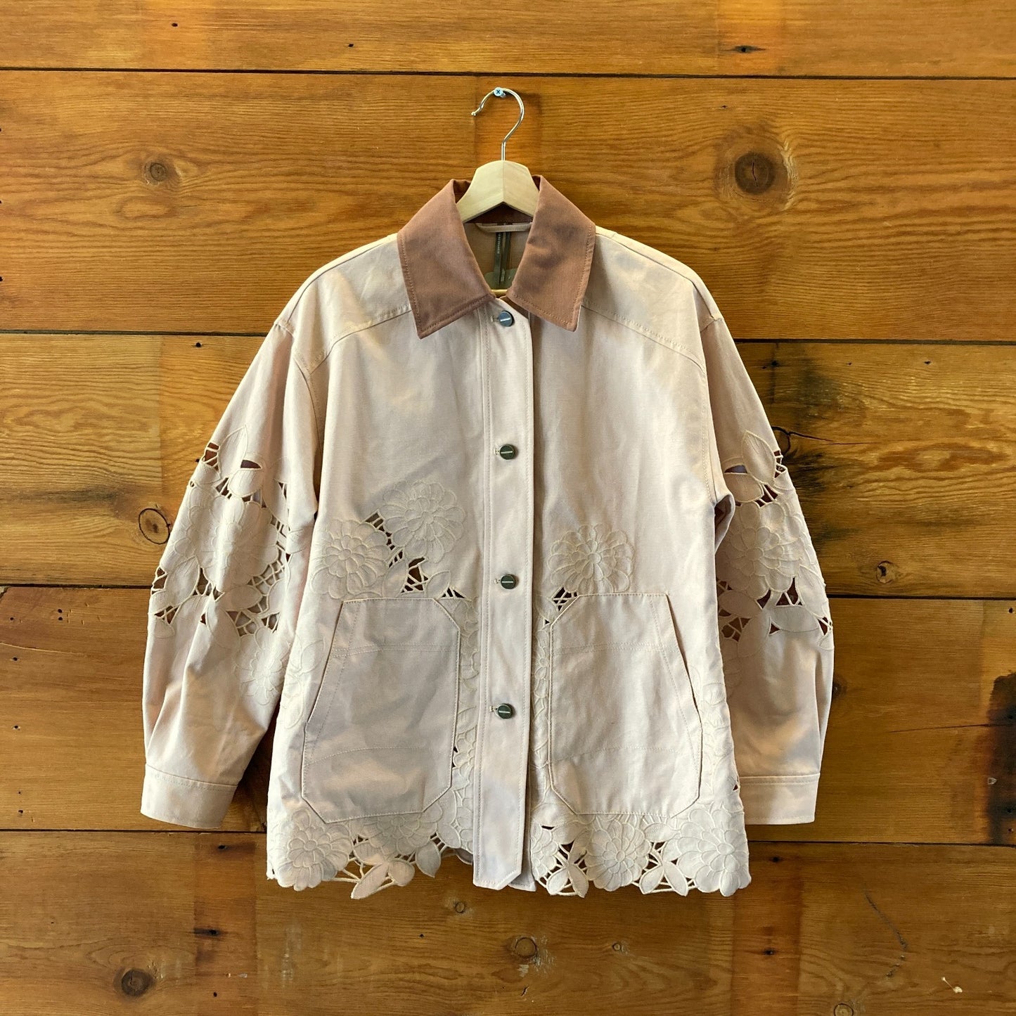 by Anthropologie Tan Embroidered Cutwork Barn Jacket - Size XXS - 0703SC