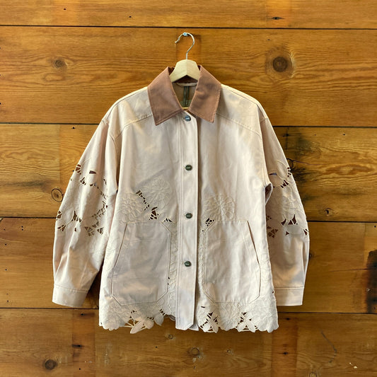 by Anthropologie Tan Embroidered Cutwork Barn Jacket - Size XXS - 0703SC