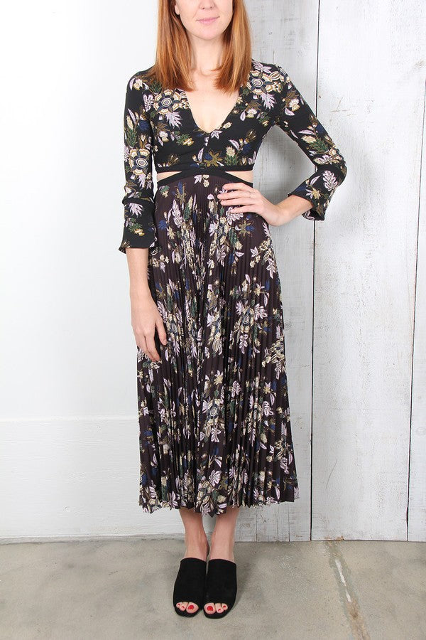A.L.C. Black Floral Open Back Josefa Pleated Midi Dress - Size 0 - 1114SS