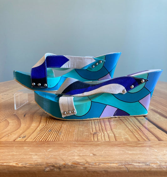 Emilio Pucci Aqua Teal Pointed Slip-on Wedge Sandals - Size 39 / 8.5 - 1019HV