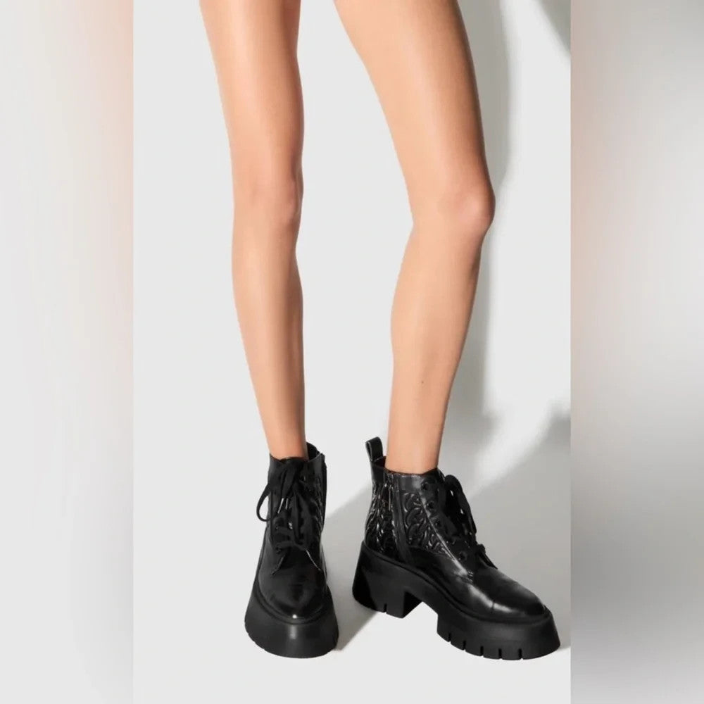 Rebecca Minkoff Black Quilted Leather Combat Platform Boots  - Size 8 - 0607IL