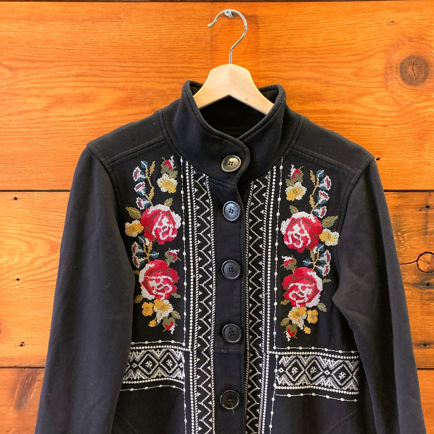 S - Johnny Was Black Embroidered Cross Stitch Joy Military Jacket 1022SW