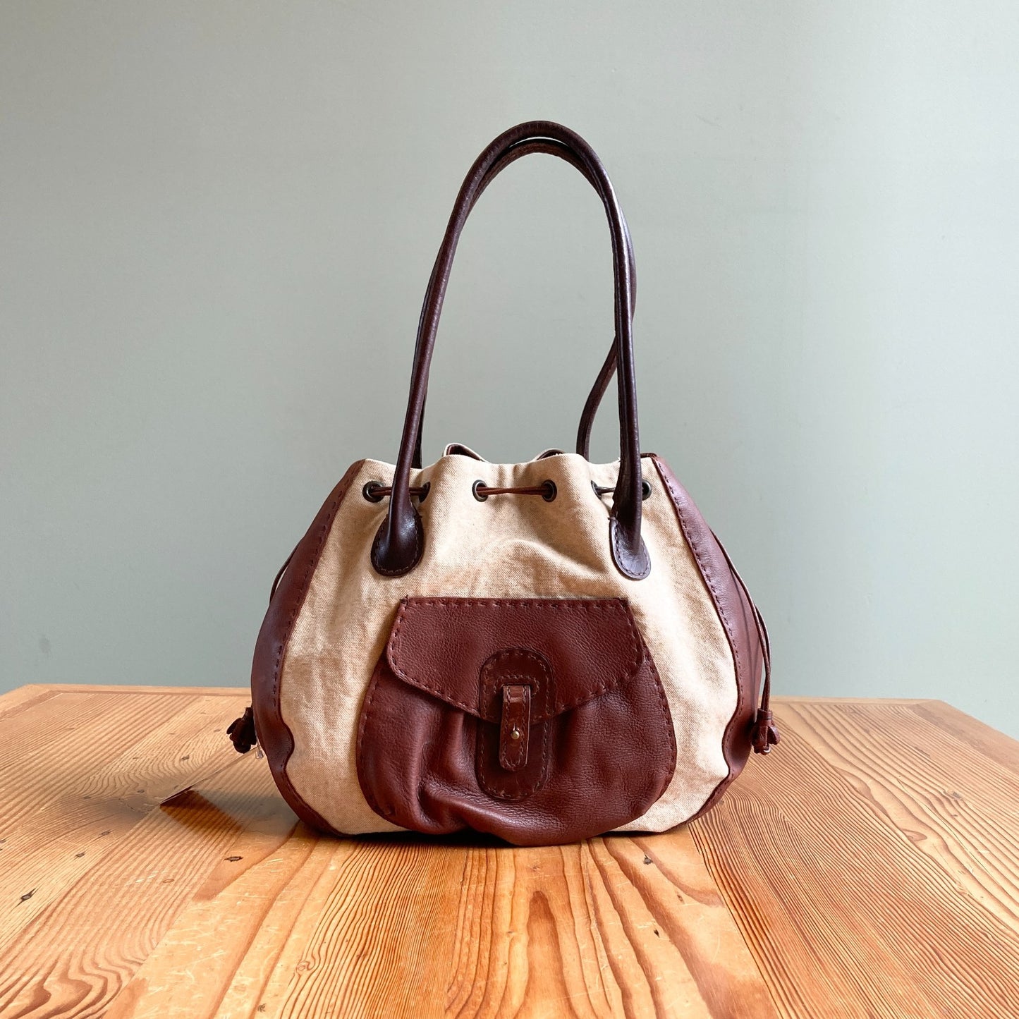 Henry Beguelin Brown Leather Natural Canvas Hobo Drawstring Shoulder Bag 0503MC