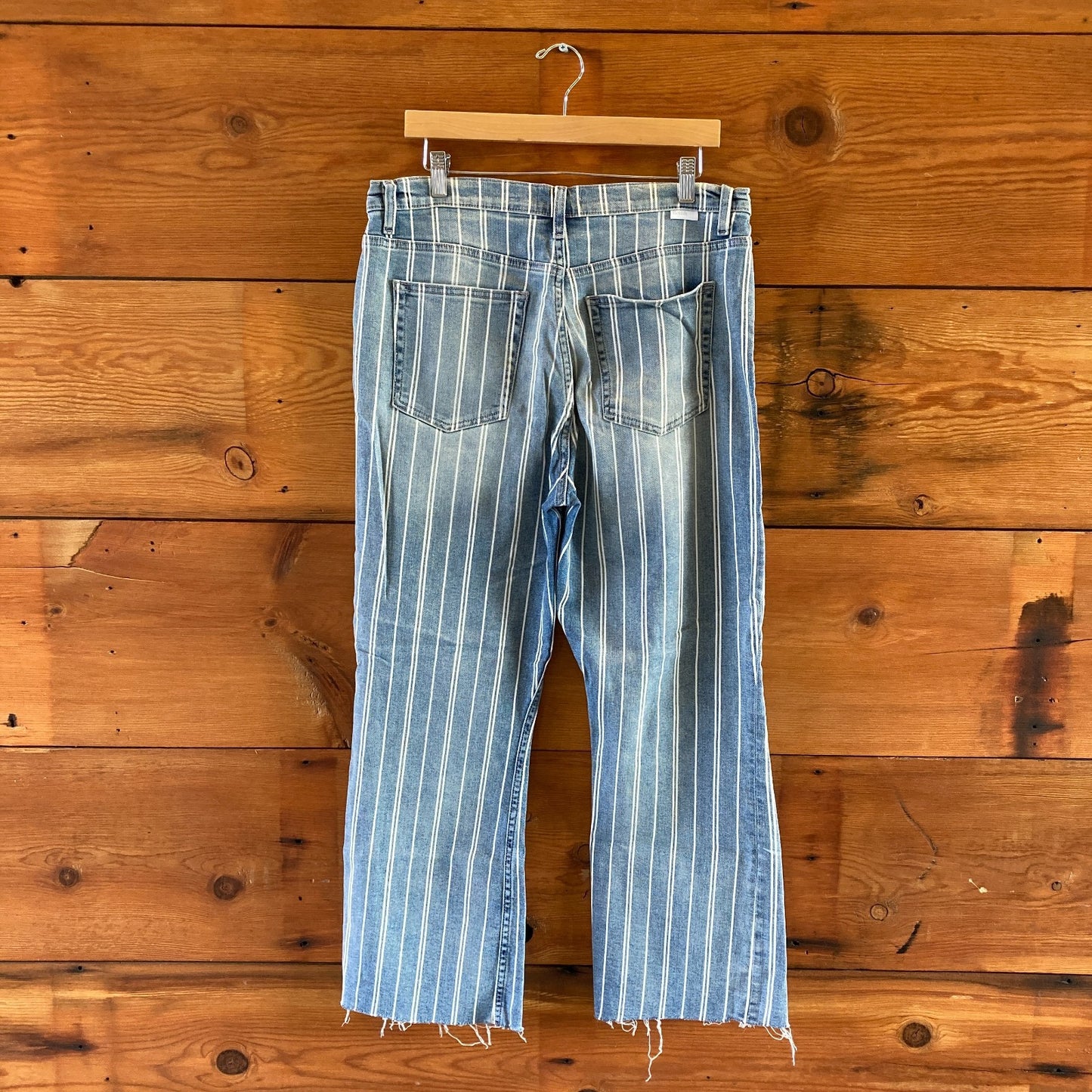 32 - Boyish $148 Anthropologie Blue Striped Denim Raw Hem Jeans NEW 1122CT