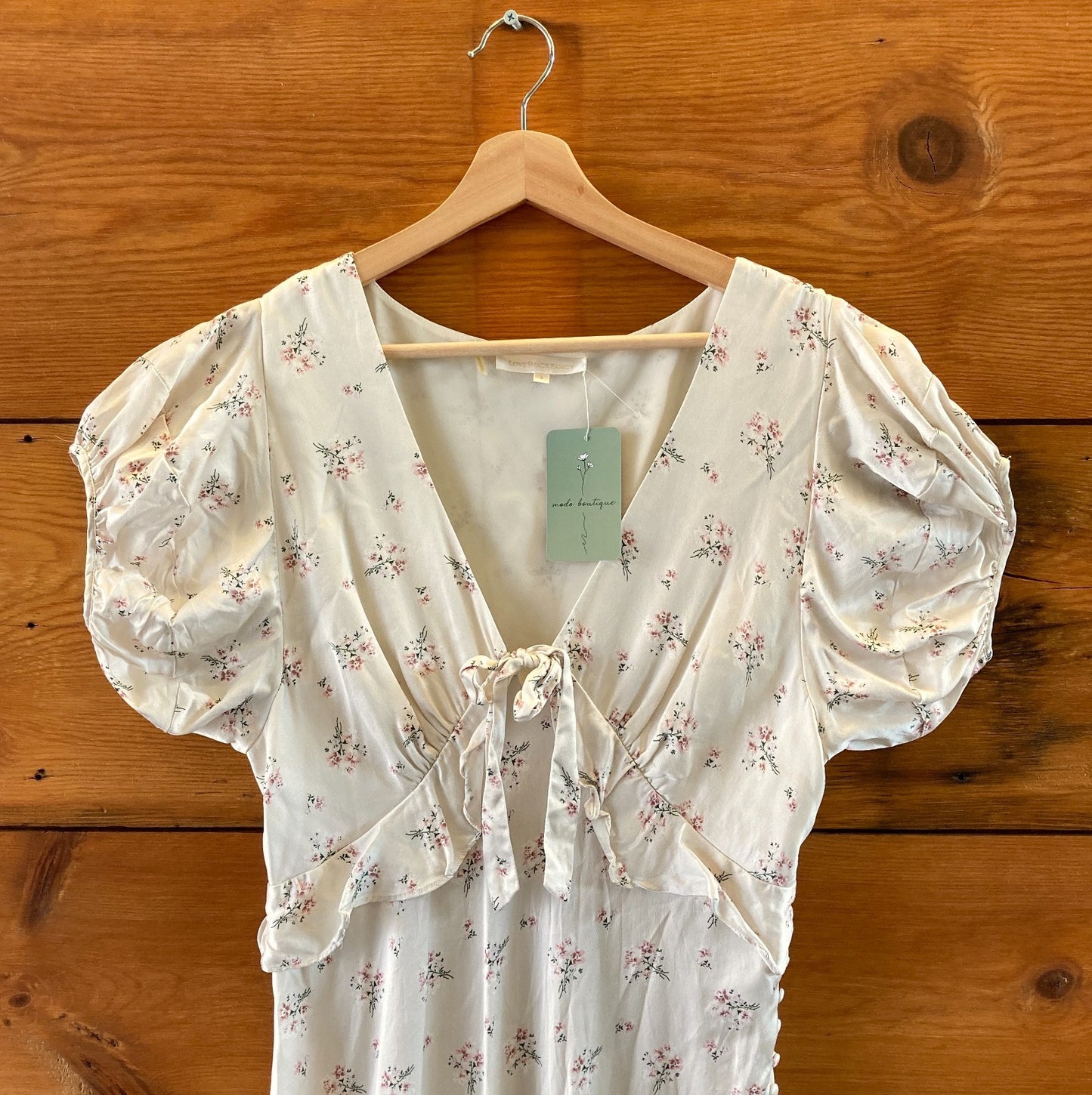 Love Shack Fancy White Floral Silk V-Neck Short Sleeve Dress - Size 8 - 1011SC