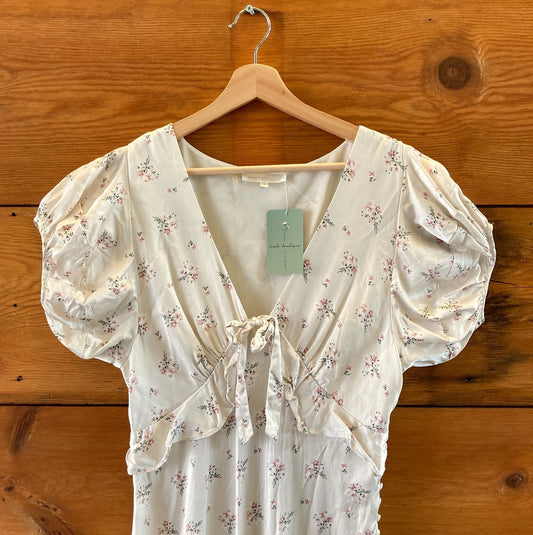 Love Shack Fancy White Floral Silk V-Neck Short Sleeve Dress - Size 8 - 1011SC