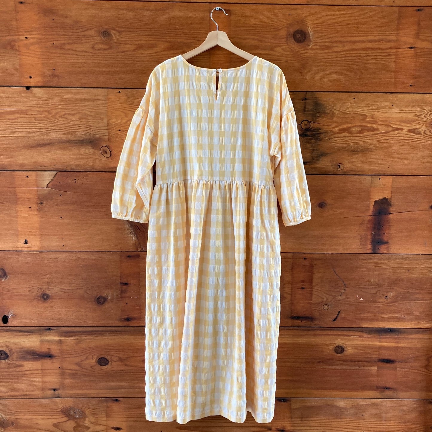 L - Offon Yellow Gingham Plaid Seersucker Checks Perla Midi Length Dress 0826MT