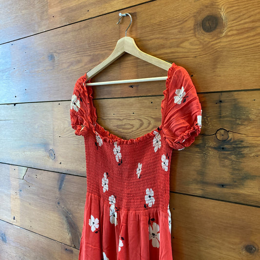 Reformation Red Floral Smocked Bodice Inka Dress - Size M - 0707KC