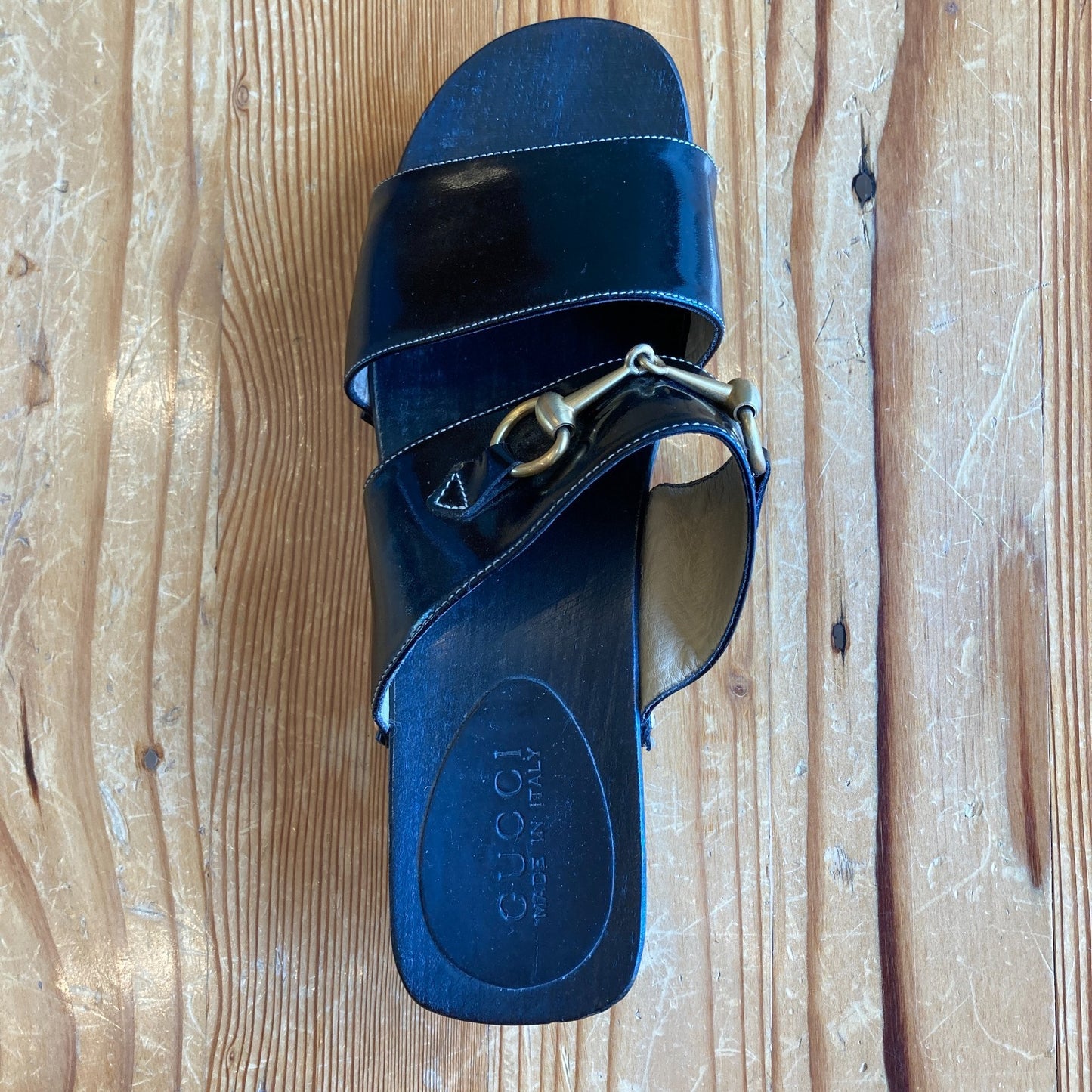 Gucci Black Leather Horsebit Platform Slide Sandals sandals - Size 8 - 1217RM