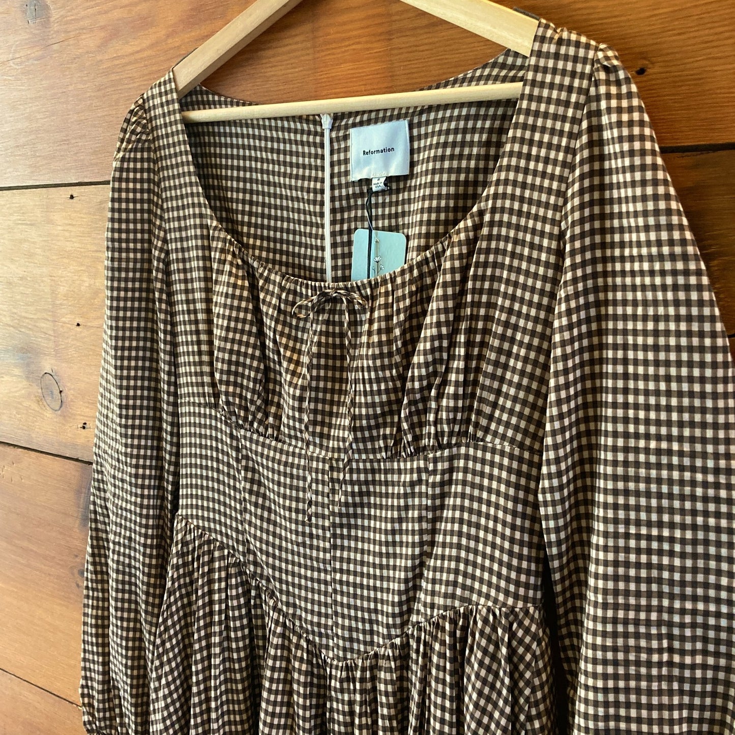 Reformation Brown Gingham NEW Long Sleeve Oria Midi Dress - Size 8 - 0607CC