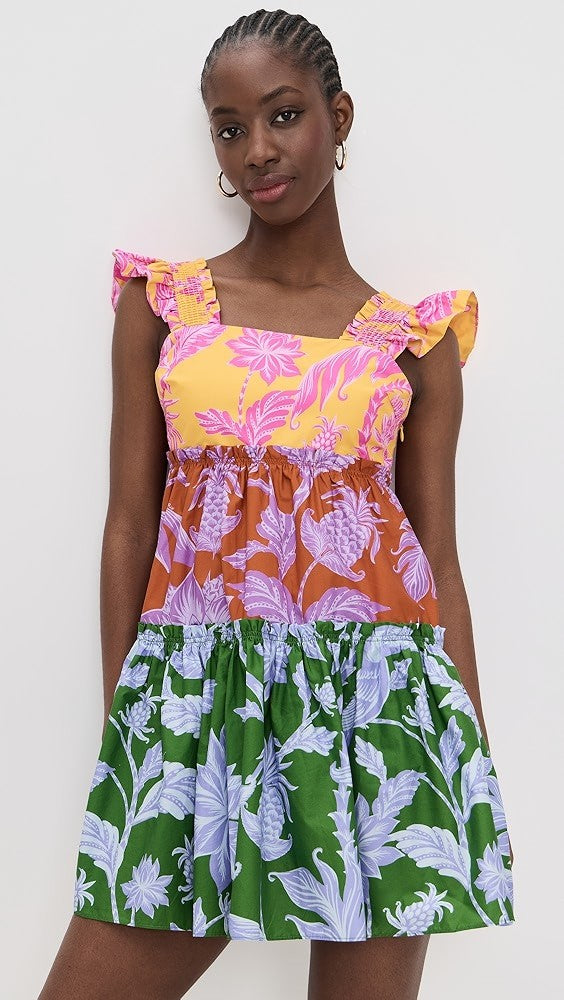 Farm Rio Tropical Mix Mini Swing Ruffle Sleeve Dress - Size M - NEW - 0401AJ