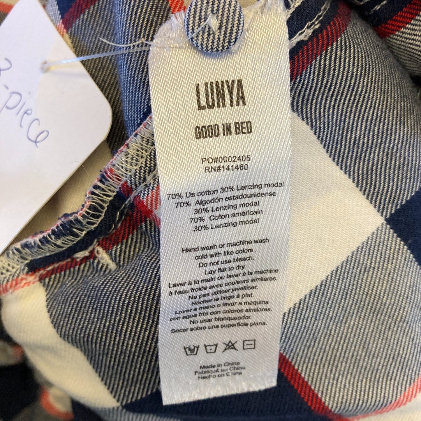 LUNYA Navy Check Flannel Pajama Shirt Shorts Pants 3 Piece Set - Size S - 0312IG
