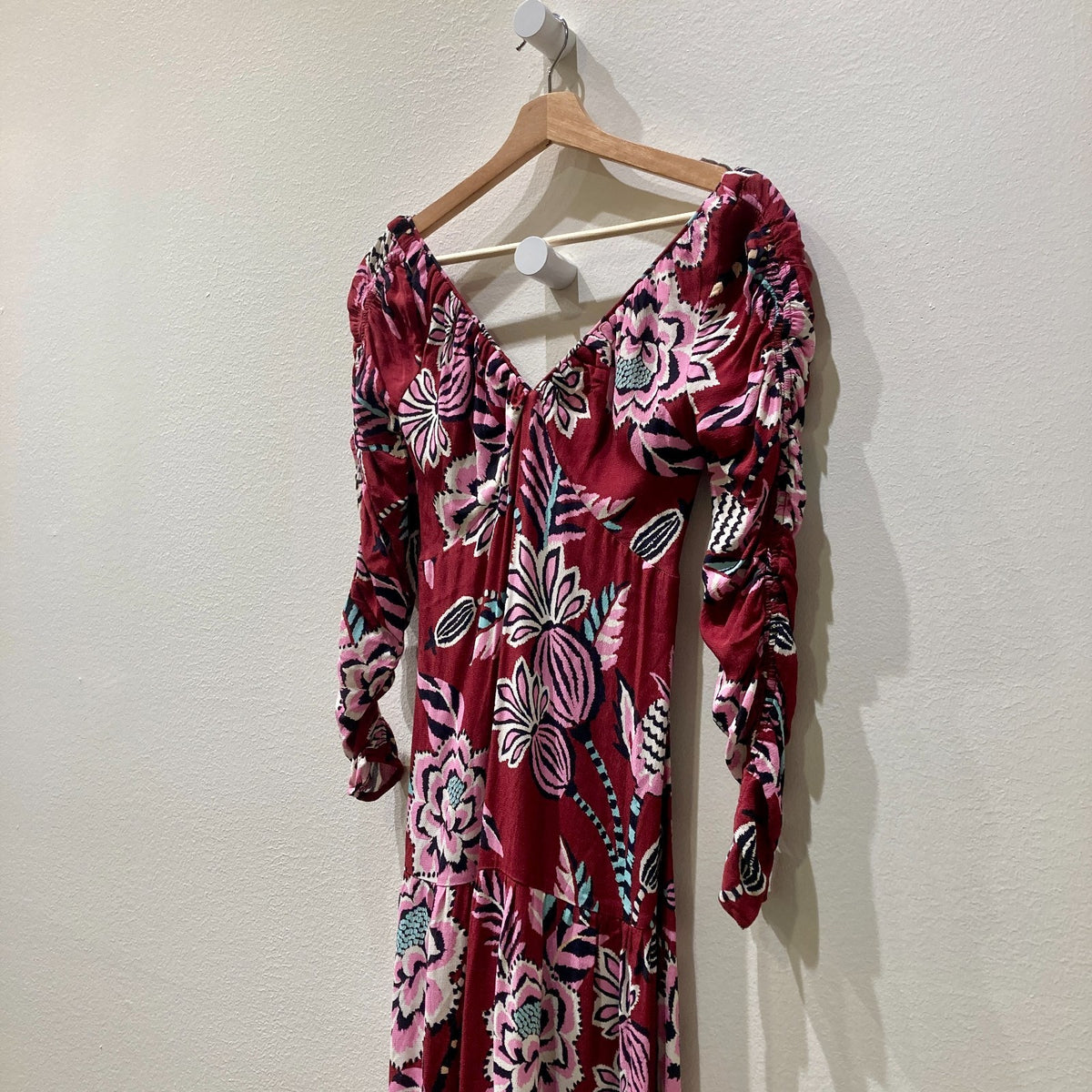 Farm Rio Burgundy Floral Ruched Sleeve V Neck Maxi Dress - Size XS - 1103ES