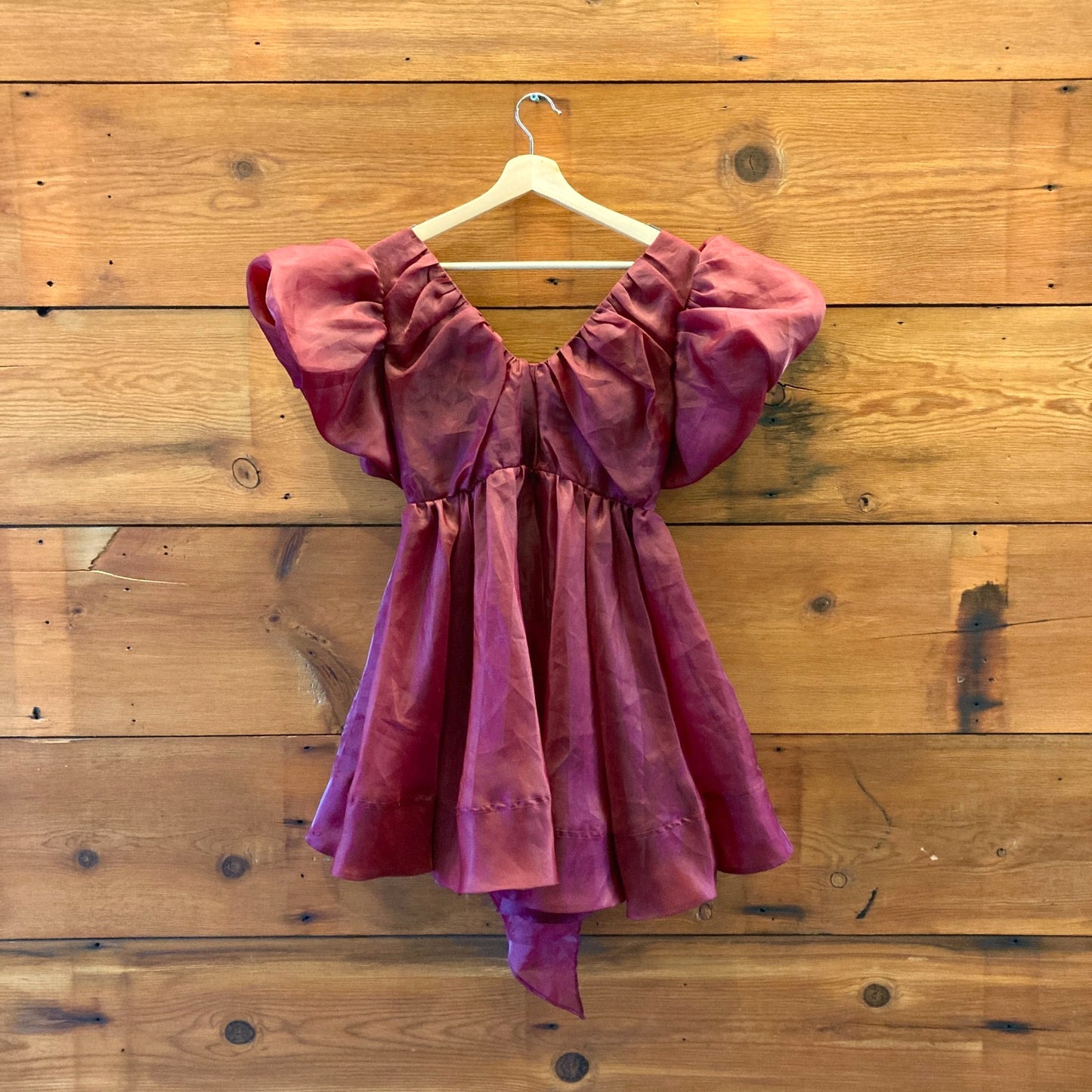 4 US / 8 - Aje. Burgundy Gretta Organza Tie-Detailed Gathered Mini Dress 1201LI