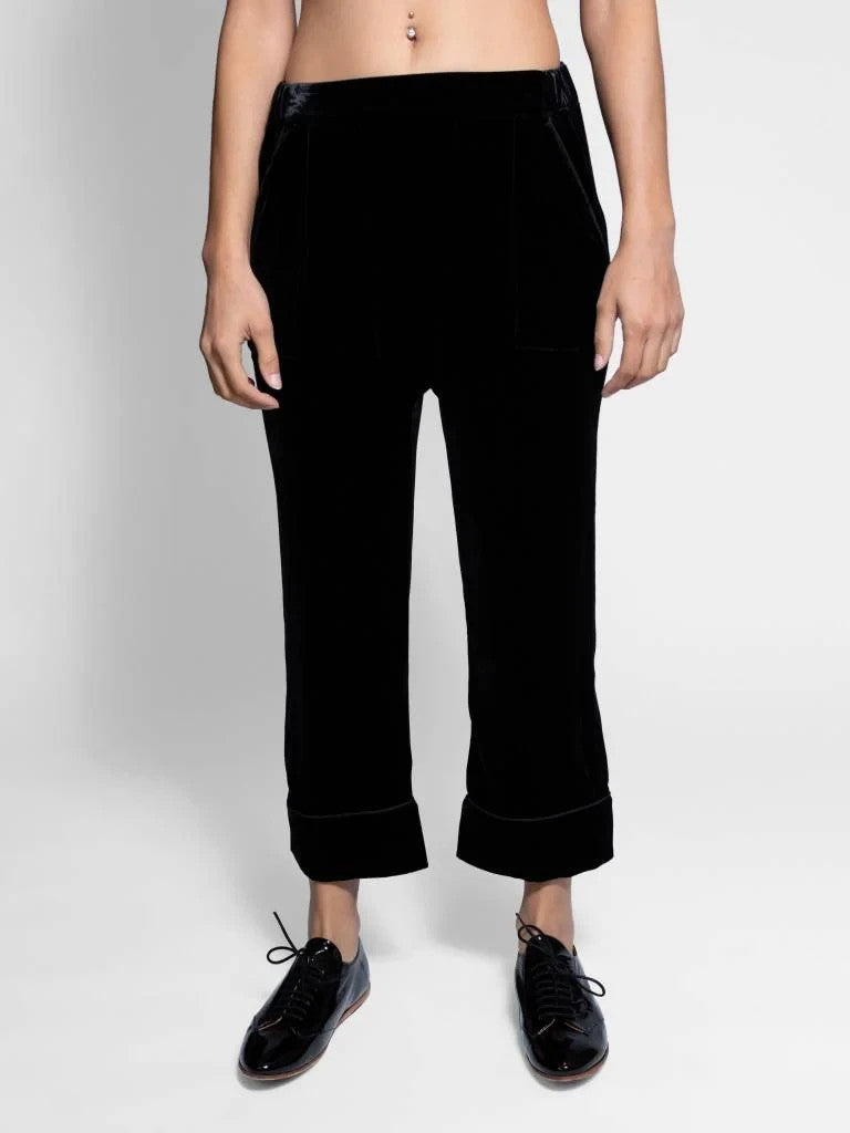 0 / XS - The Great. Black Velvet Cropped Pull-on Elastic-waist Pants 0508DK