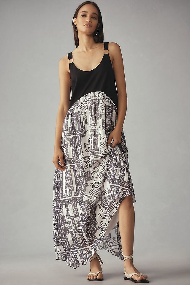 by Anthropologie NEW Black Pattern Scoop Neck Maxi Dress - Size M - 0610MB