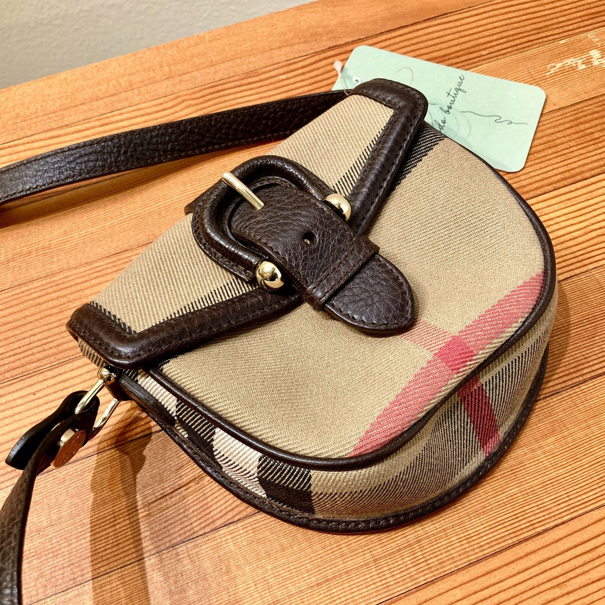 Burberry Nova Check Dark Brown Leather Piped Mini Crossbody Purse - 0210AM