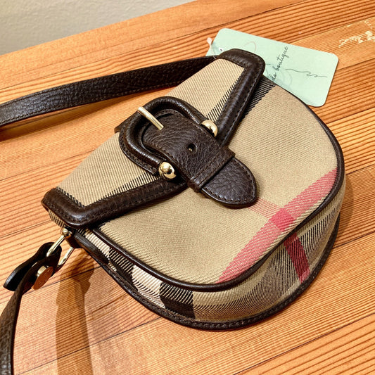 Burberry Nova Check Dark Brown Leather Piped Mini Crossbody Purse - 0210AM