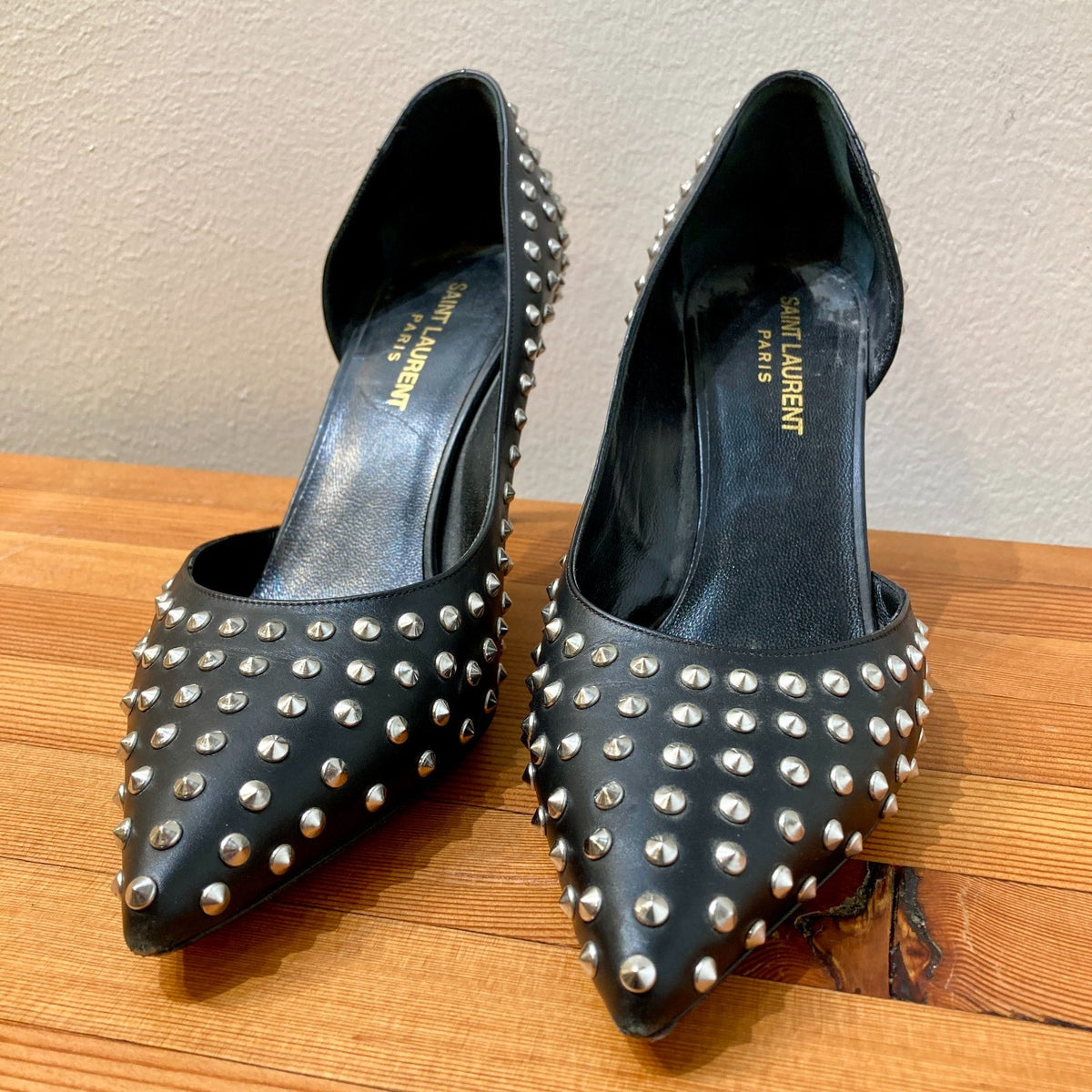 Saint Laurent Black Paris 105 Studded D'Orsay Heels - Size 38 / 7.5 - 0907LR