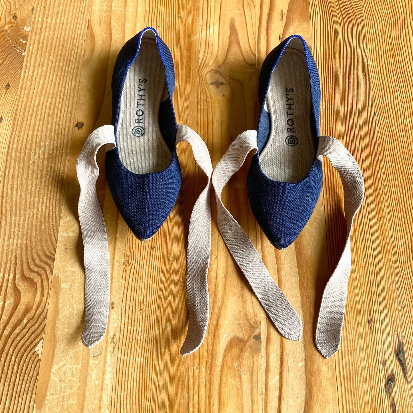 9 - Rothy's Navy Blue The Slip On Mary Jane Beige Bow Flats Shoes 0306CH