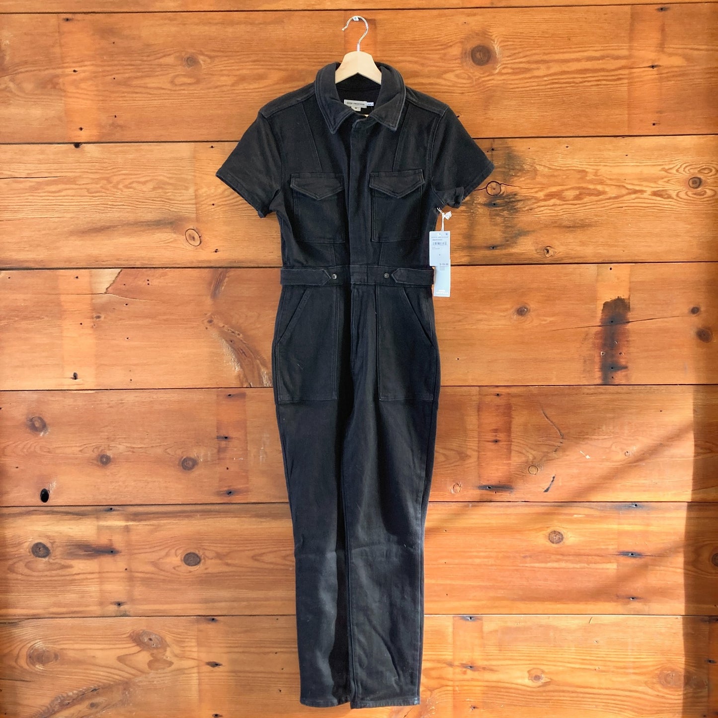 M - Good American $199 Black Short Sleeve Fit for Success Jumpsuit NEW 1222KT