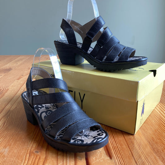 Fly London Black Strappy Heel Shoes Sandals w/ Box - Size 38 / 7.5 - 8 - 0718MS