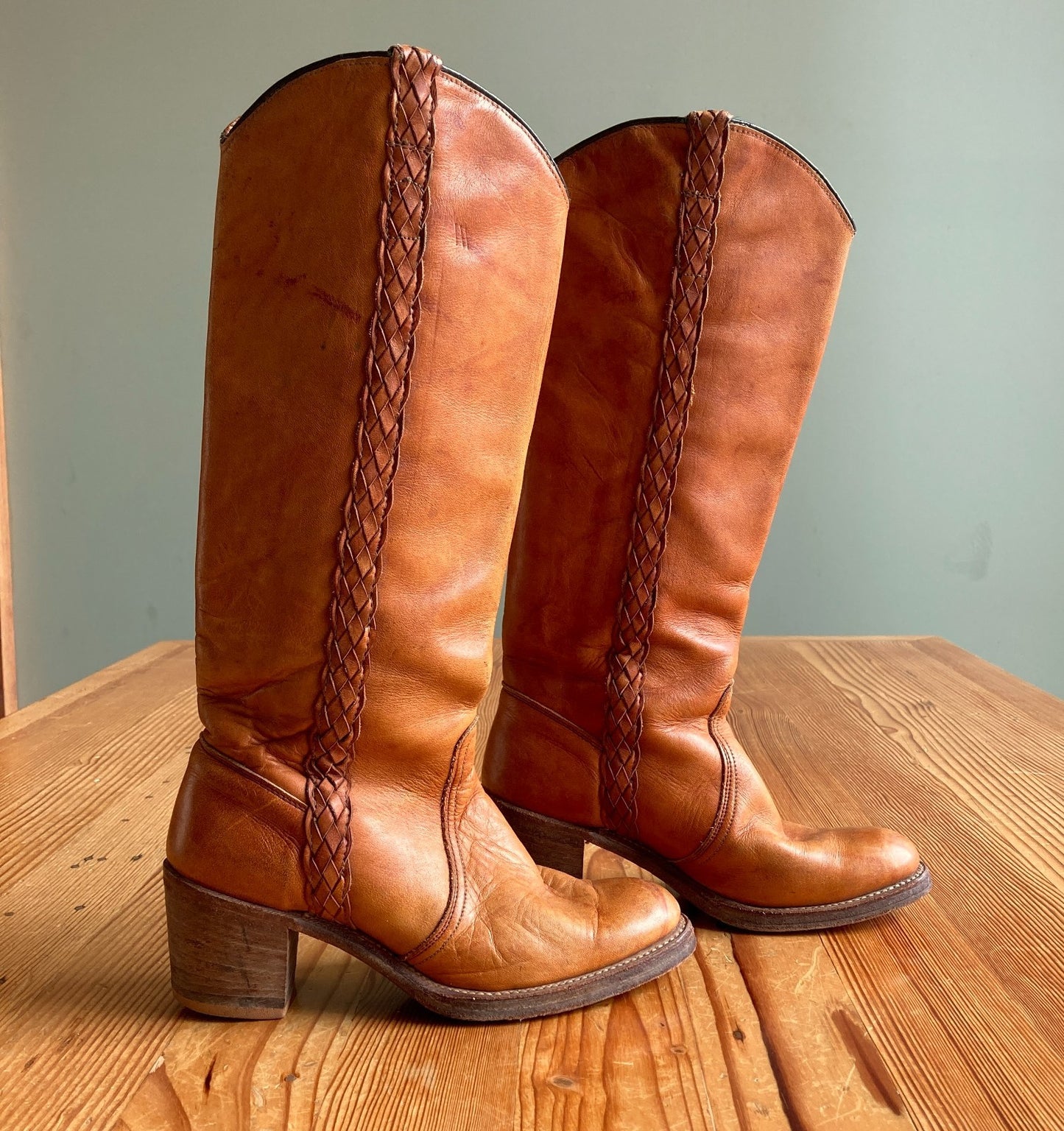 Miss Capezio Vintage 70s Brown Leather Braided Campus Boots - Size 6.5 - 0312IG