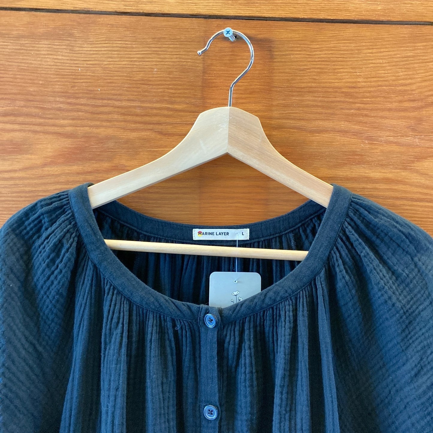 Marine Layer Black Gauze Short Sleeve Button Front Maxi Dress - Size L - 1228KM