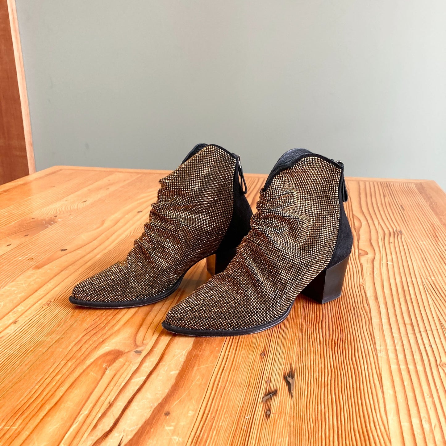 36.5 / 6-6.5 - Alexandre Birman Black & Gold Suede Jenny Booties w/ Box 0719JK