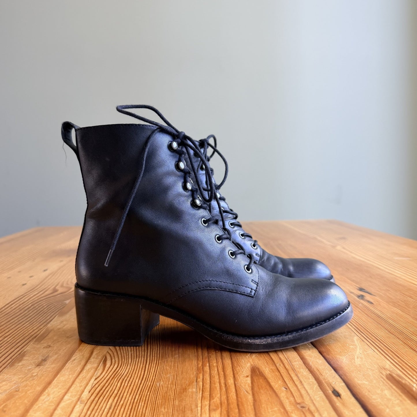 Madewell Black Leather Heeled Patti Combat Ankle Boots - Size 8.5 - 0821SM