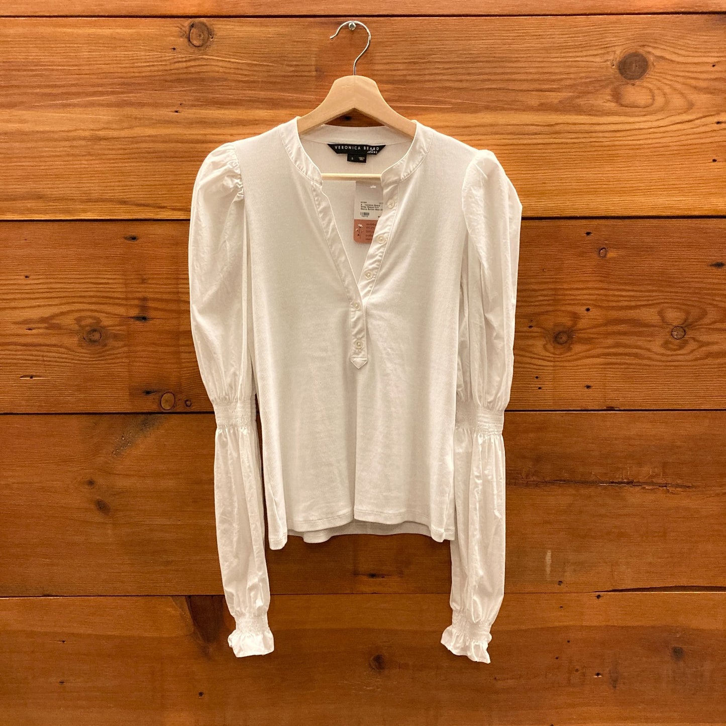 S - Veronica Beard White Ribbed Puff Sleeve Button Neck Effy Shirt 1120PK