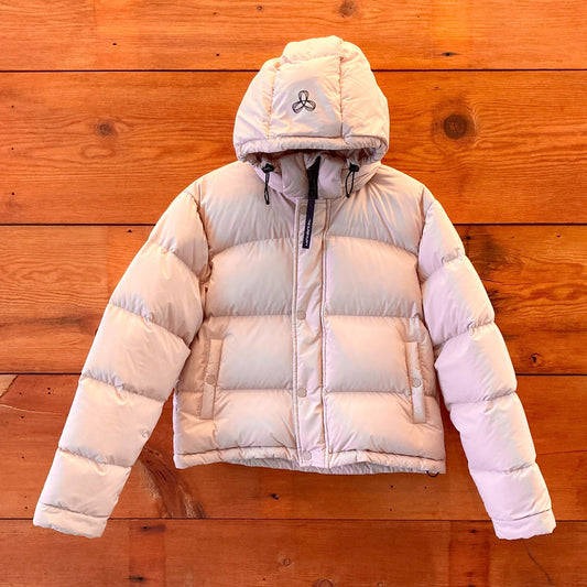 XS - TNA Aritzia Tan Super Puff Shorty 700 Down Hooded Puffer Jacket 0518AF