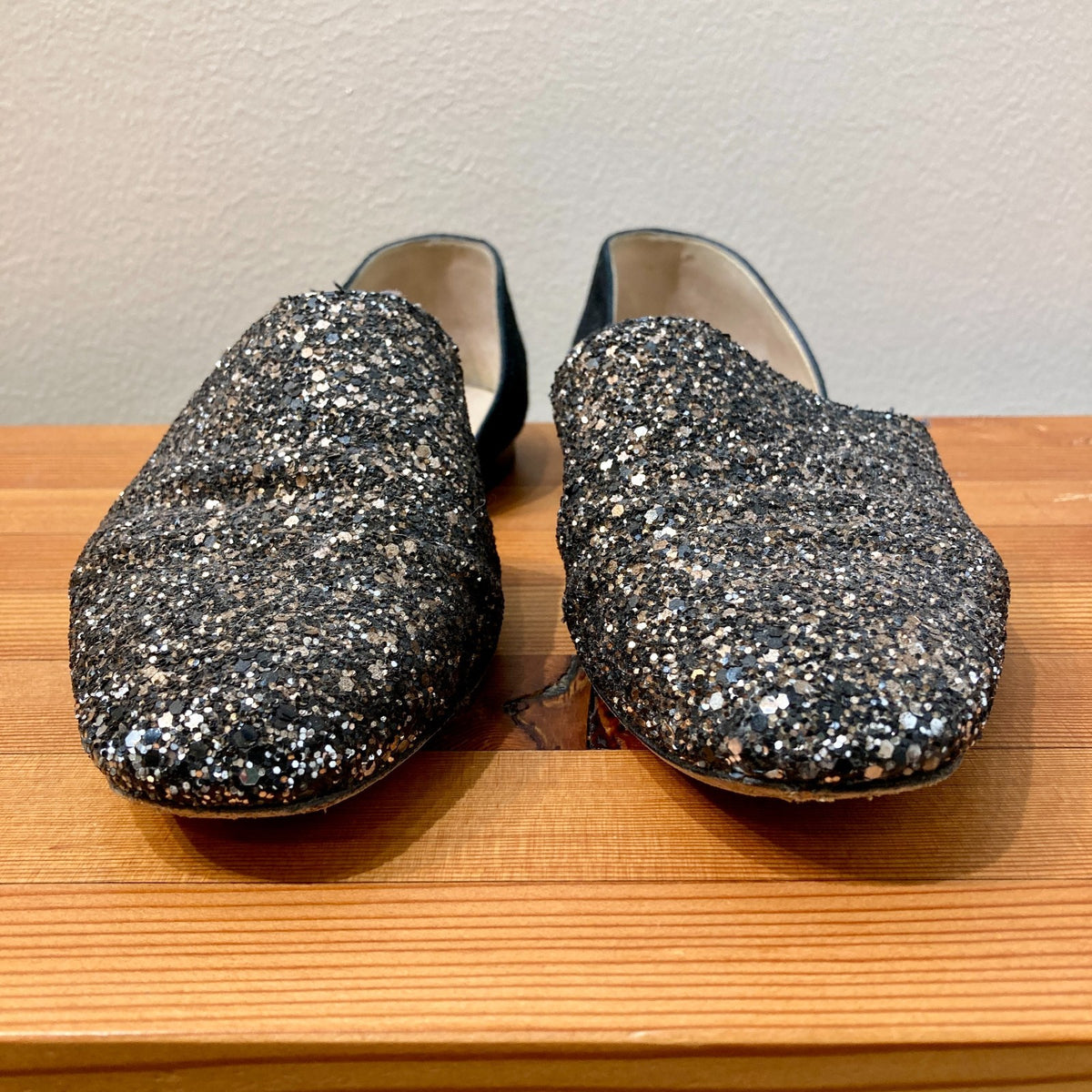 Jimmy Choo Black Coarse Glitter Globe D'Orsay Suede Flats - 37.5 / 7.5 - 0907LR