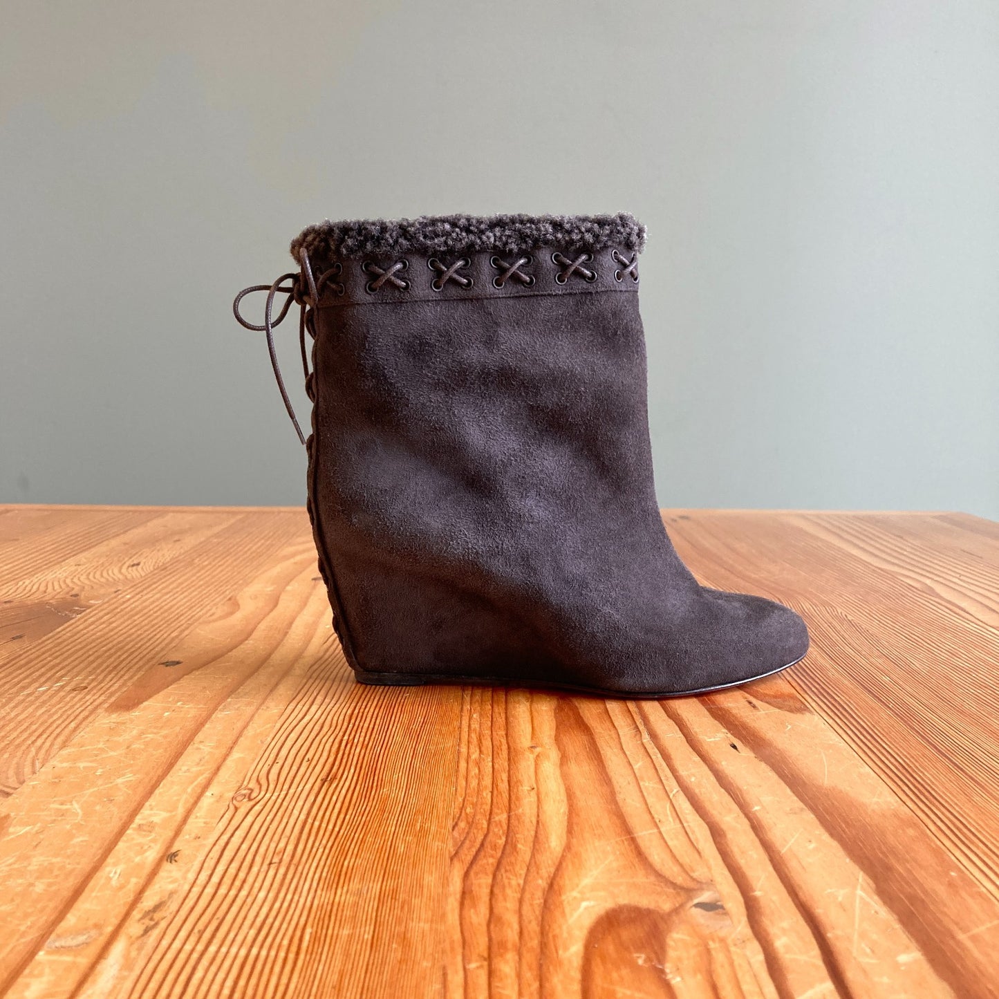 38.5 / 8.5 - Christian Louboutin Brown Suede Shearling Wedge Boots 1203TR