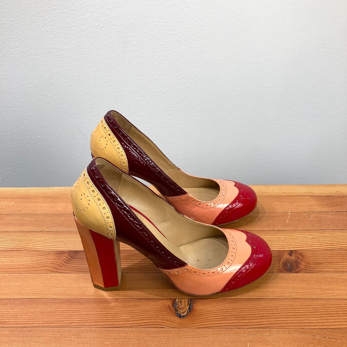 Miu Miu Patent Leather Brogue Colorblock Block Heels - Size 39.5 / 9.5 - 0103JM