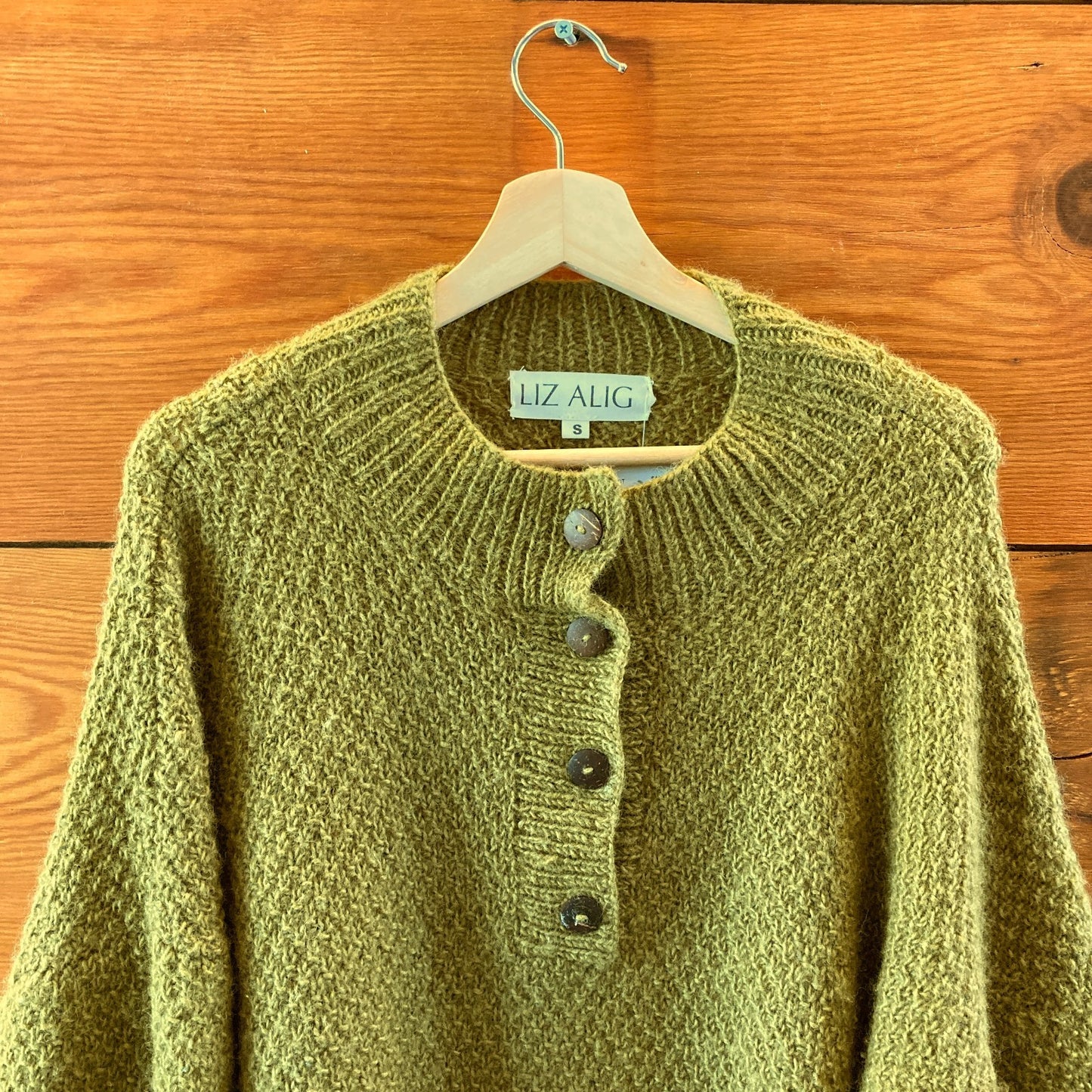 Liz Alig Green 100% Wool Handmade Button Neck Imogene Sweater - Size S - 0606RO