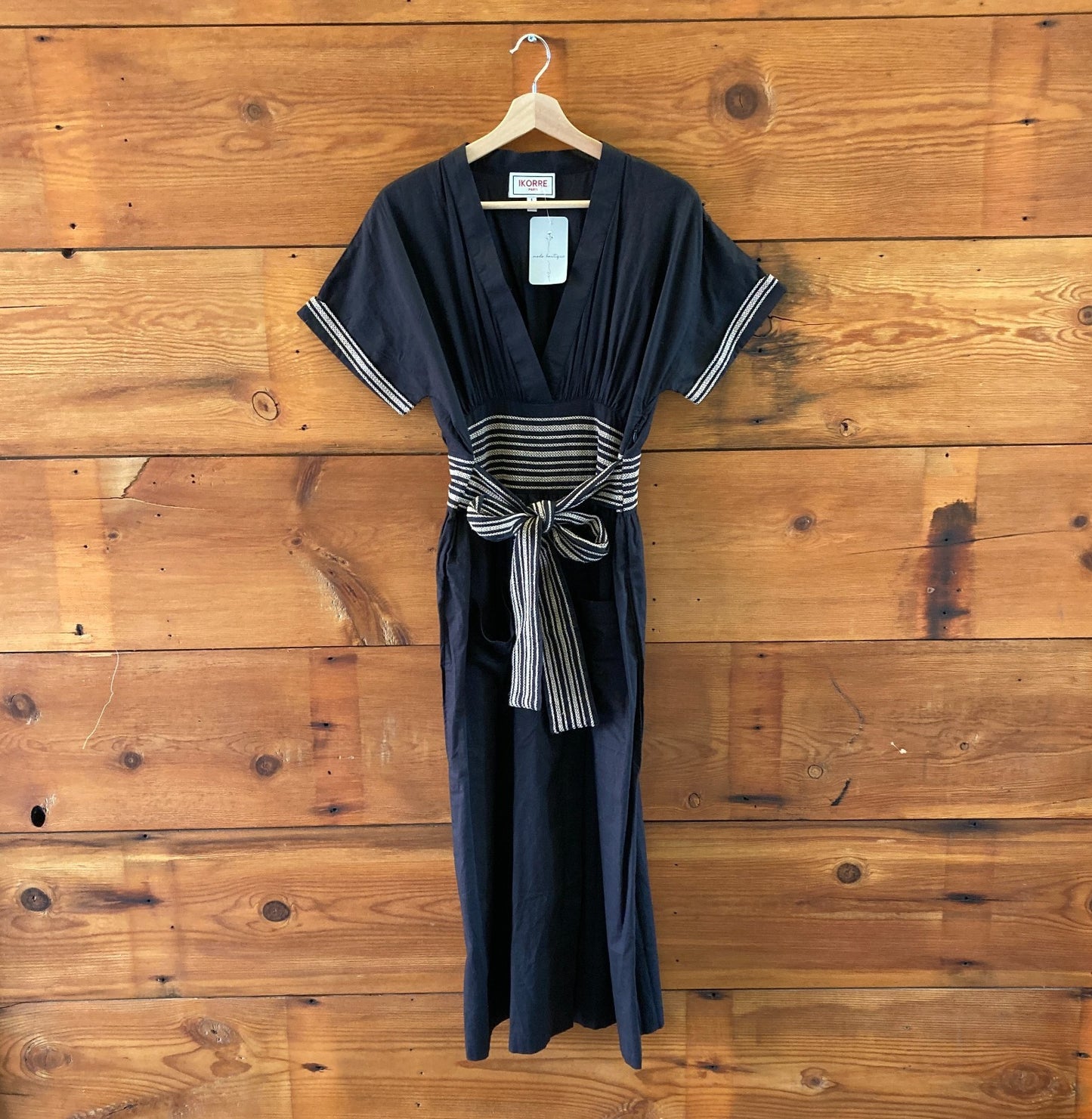 Ikorre Black V-Neck Embroidered Short Sleeve Midi Dress - Size 1 / S - 1022SW