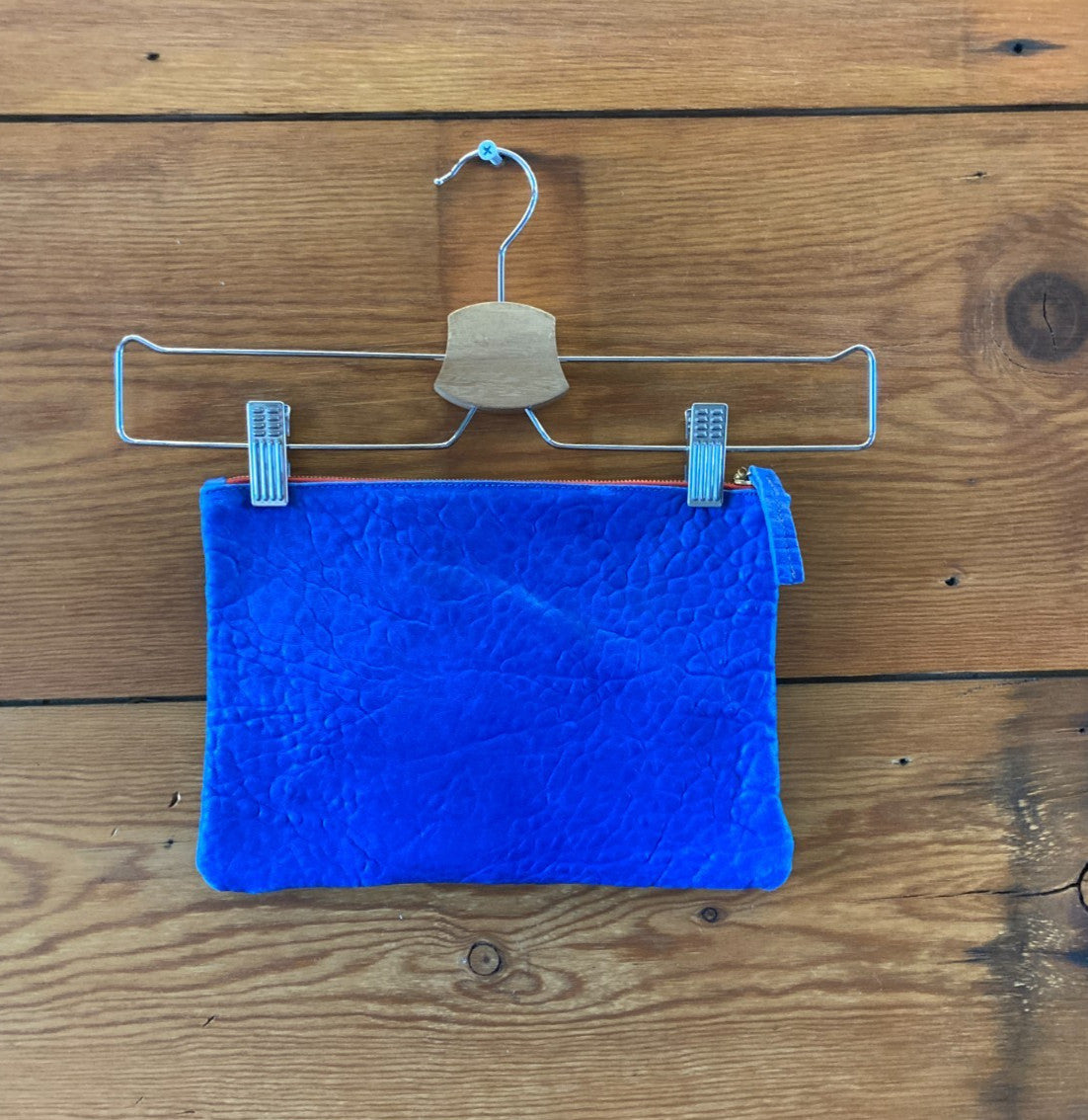 Clare V Electric Blue Textured Leather Red Zip Top Clutch Purse - 0425KN
