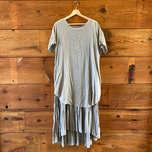 M - Black Crane Taupe Short Sleeve Layered Tiered Ruffled Lagenlook Dress 0416JW