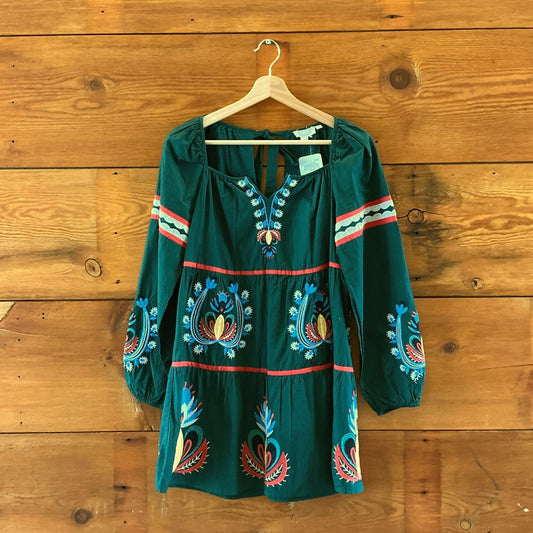 Let me Be Anthropologie Dark Green Embroidered Mini Dress - Size XS - 1011MP