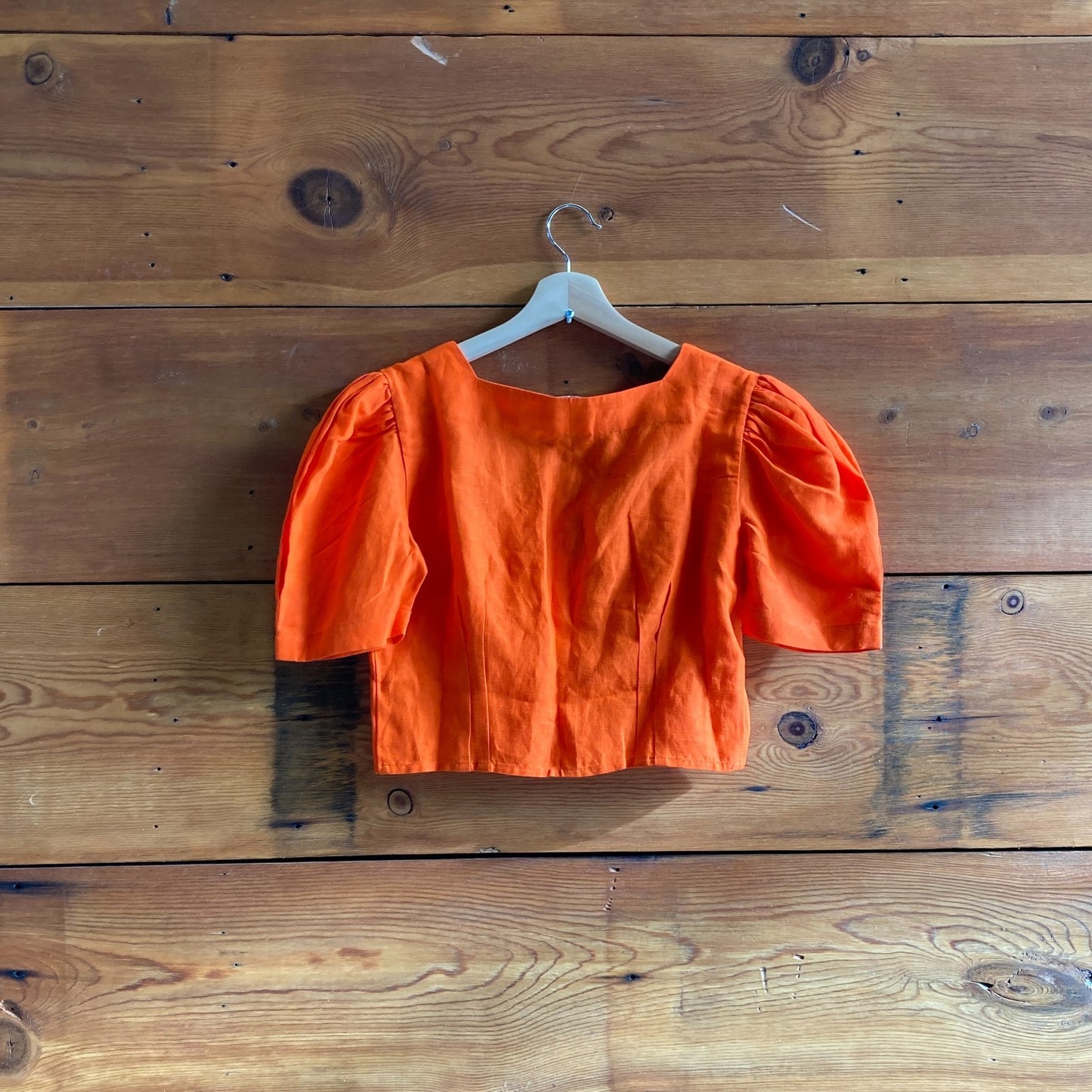 S - Hannah Kristina Metz Red Copped Puff Short Sleeve Linen Crop Top 0723ML