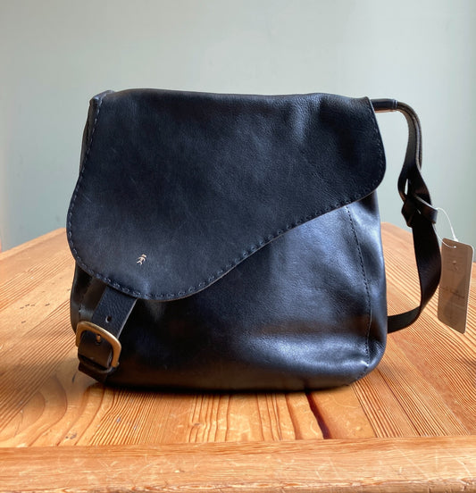 Henry Beguelin Black Leather Asymmetric Flap Closure Satchel Purse - 0209SB