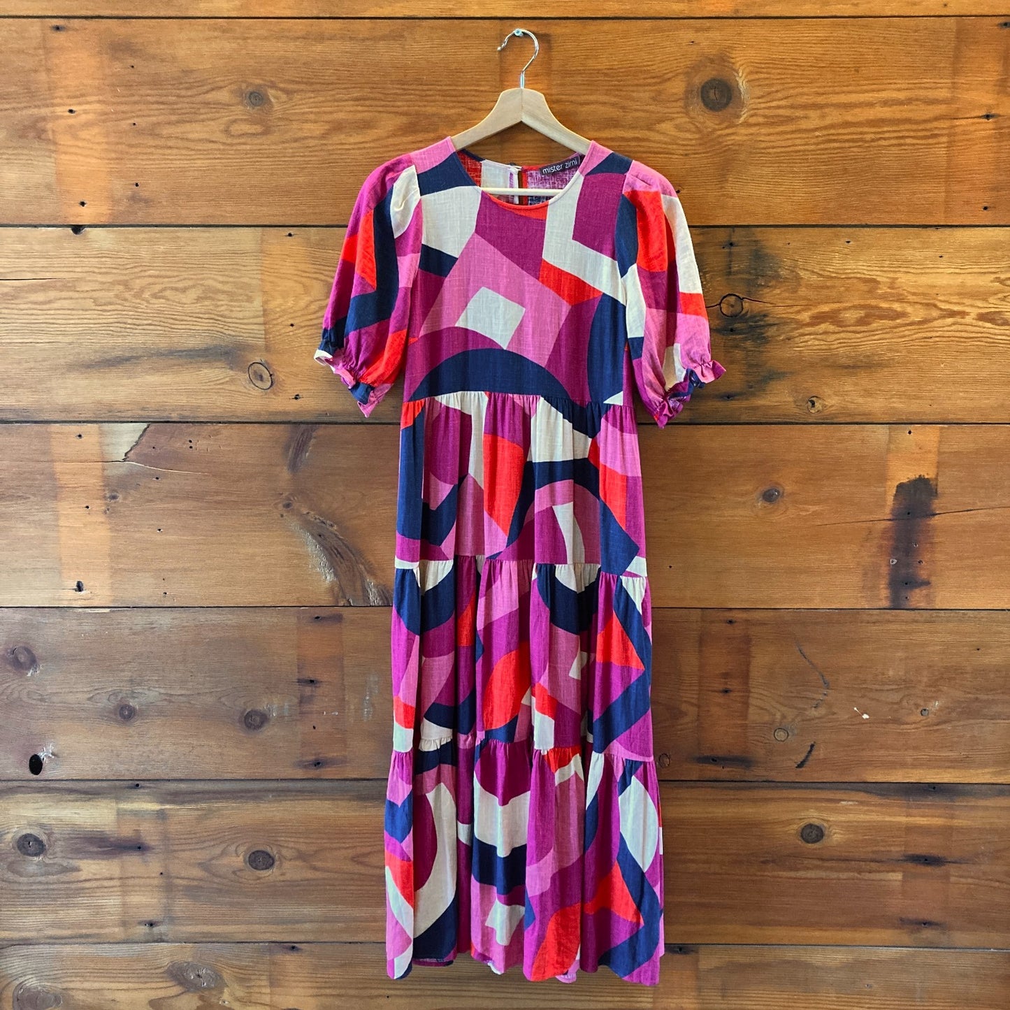 Mister Zimi Pink Geometric Colorblock Print Tiered Linen Dress - Size 2 - 0317SB