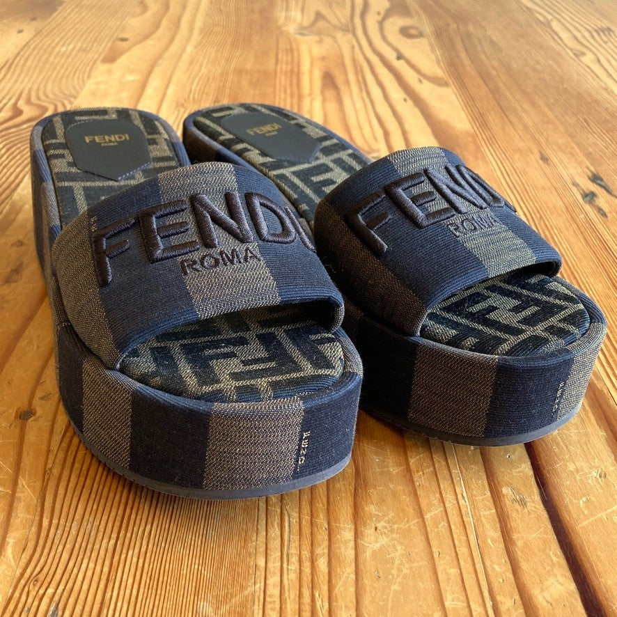 Fendi Brown Sunshine Pequin Striped Platform Sandals - Size 37 / 7 - 0501SH