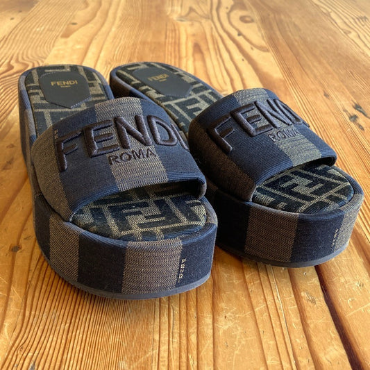 Fendi Brown Sunshine Pequin Striped Platform Sandals - Size 37 / 7 - 0501SH