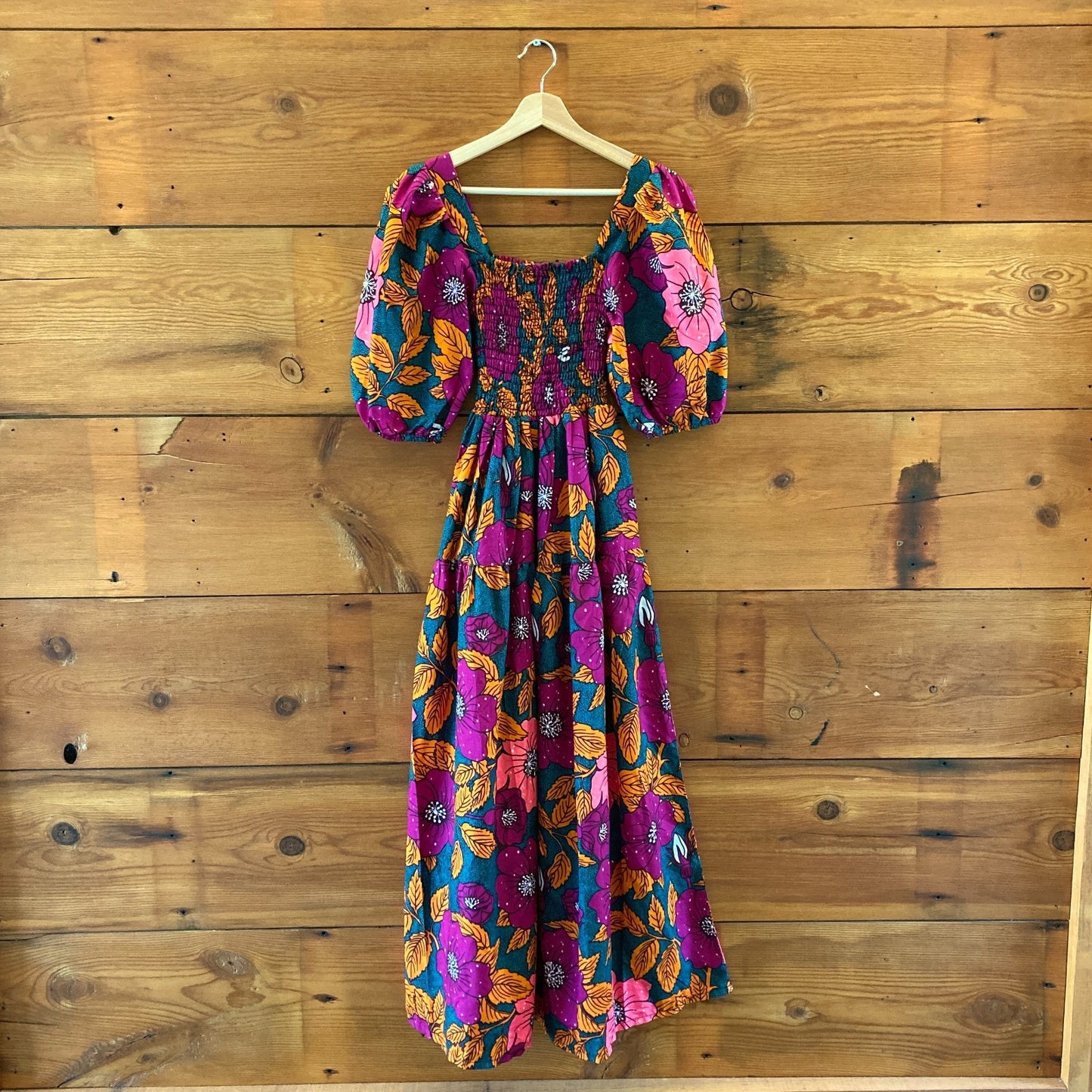 Elisamama Hibiscus Pink Green Floral Print Smocked Maxi Dress - Size S - 1103BW