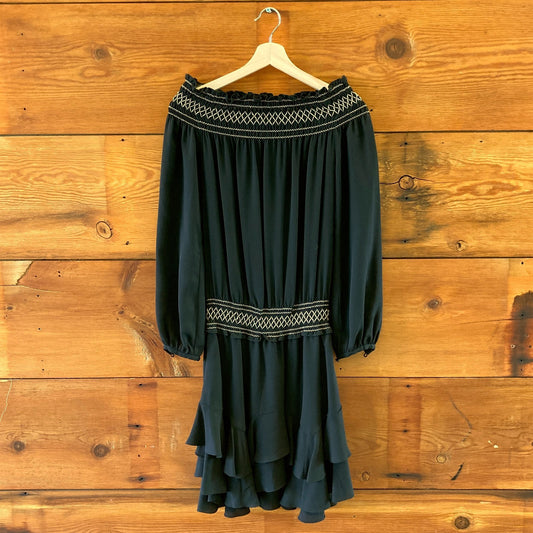 A.L.C. Black Embroidered Shirred Wide Neck Tiered Dress - Size 4 - 0517NL