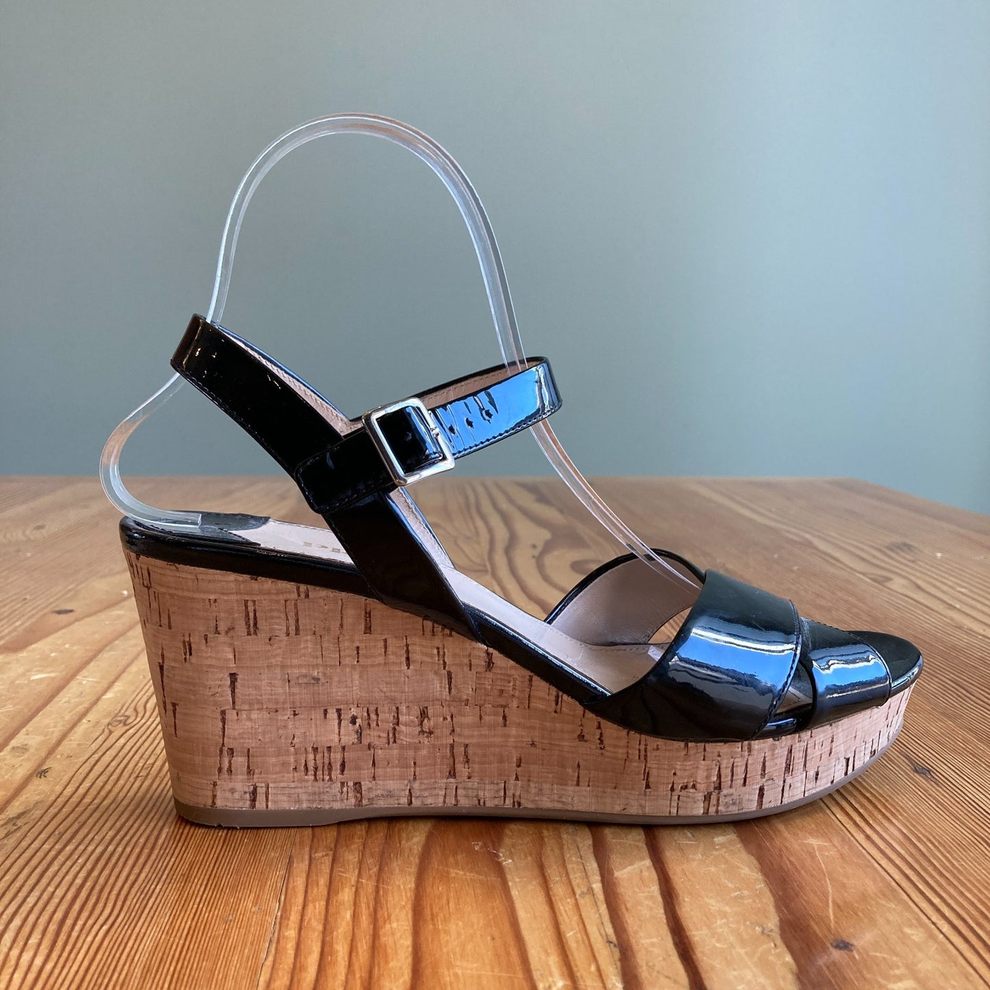 Prada Black Patent Vernice Wedge Ankle Strap Cork Sandals - Size 39 / 9 - 0926AD