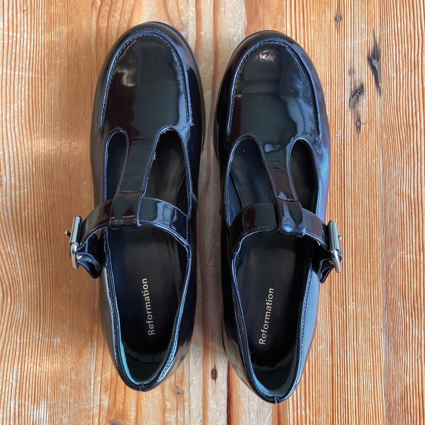 Reformation $268 Black Patent Leather T Strap Angela Shoes - Size 7 - 0618AG