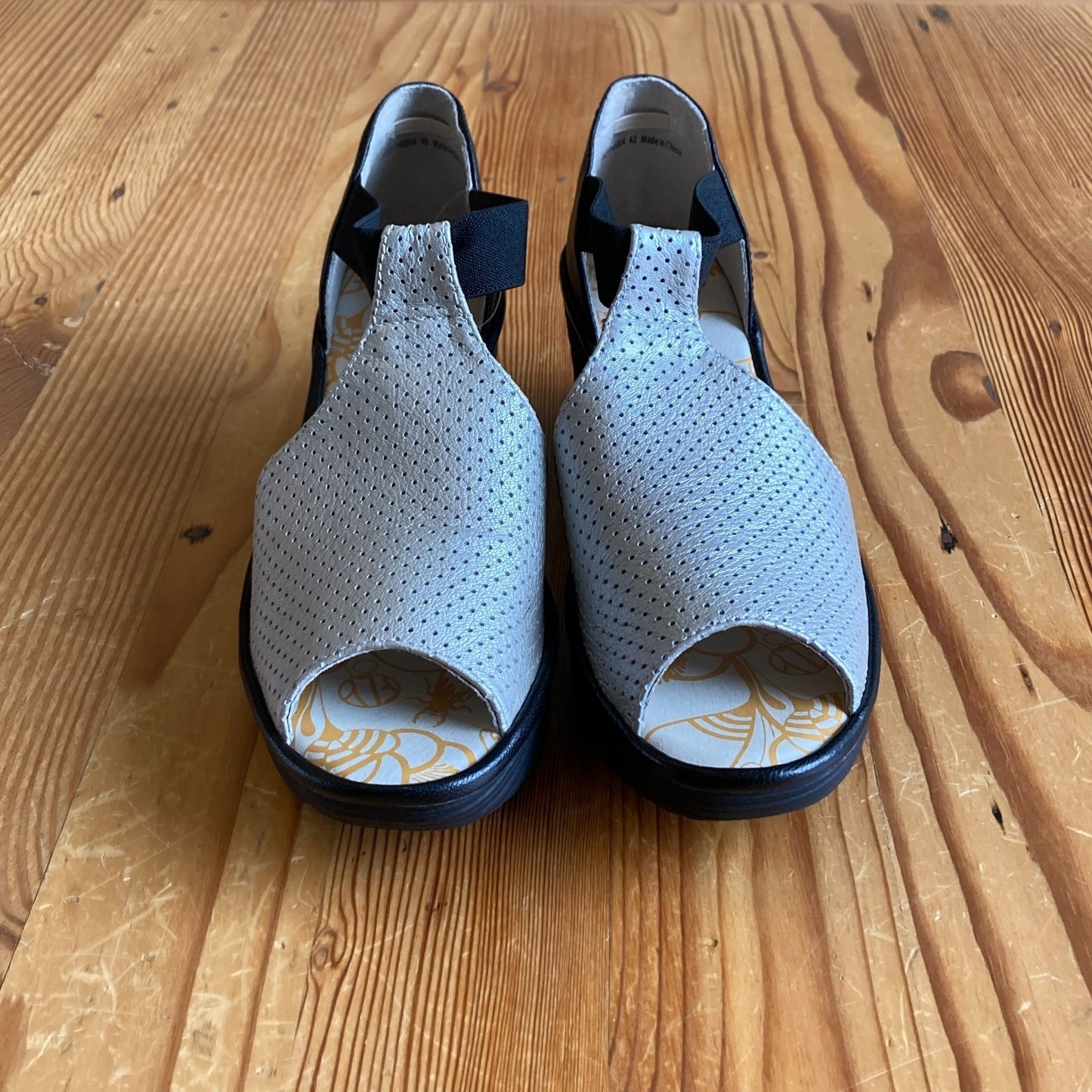 40 / 9.5 - Fly London Black Silver Perforation Open Toe Wedge Shoes NEW 1111KF